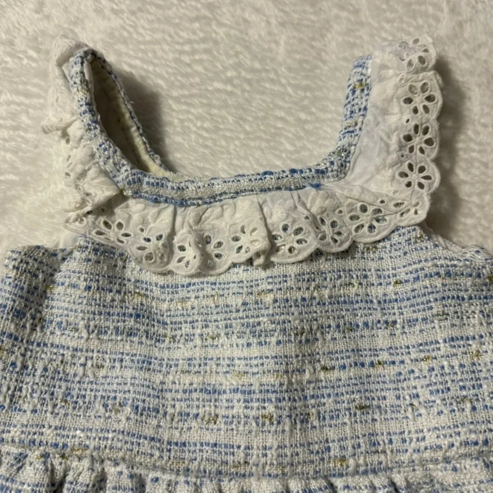 Janie and Jack Tweed Dress Kids Size 3 Blue White Eyelet Lace Metallic Gold